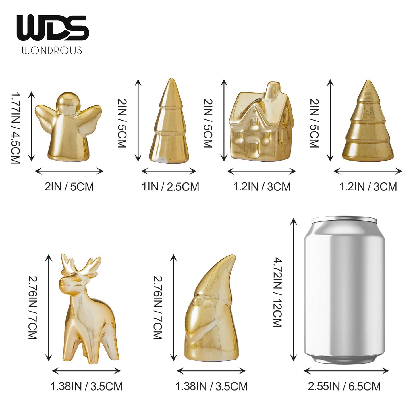 WDS WONDROUS Mini Christmas Figurines Set, 6 Pcs Miniature Christmas Village Houses Set with House, Reindeer, Trees, Angel, Santa - Mini Xmas Figurines Decor for Tiered Tray, Mantel, Centerpiece