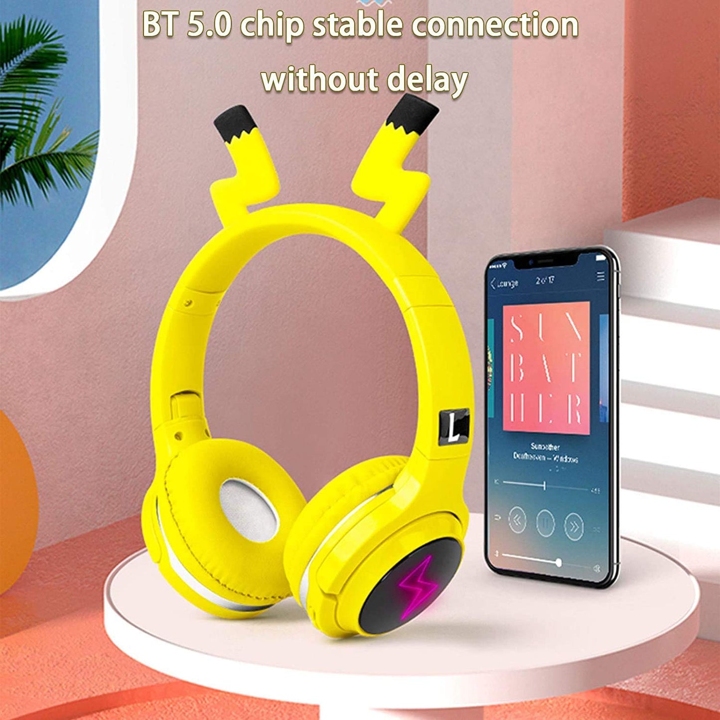 Kids Wireless Bluetooth 5.0 Earphones with 7 Colors LED Light, Earhook Headphones, Foldable Built-in Microphone, Suitable for Boys and Girls Game/Music/Study, Christmas/Birthday/Travel Gift (Yellow)