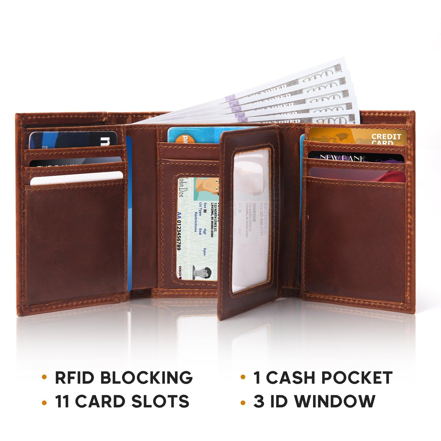 WULOUJIE Mens Trifold Wallet with 2 ID Window，Large-capacity Genuine Leather RFID Blocking Wallet for Men (Brown)
