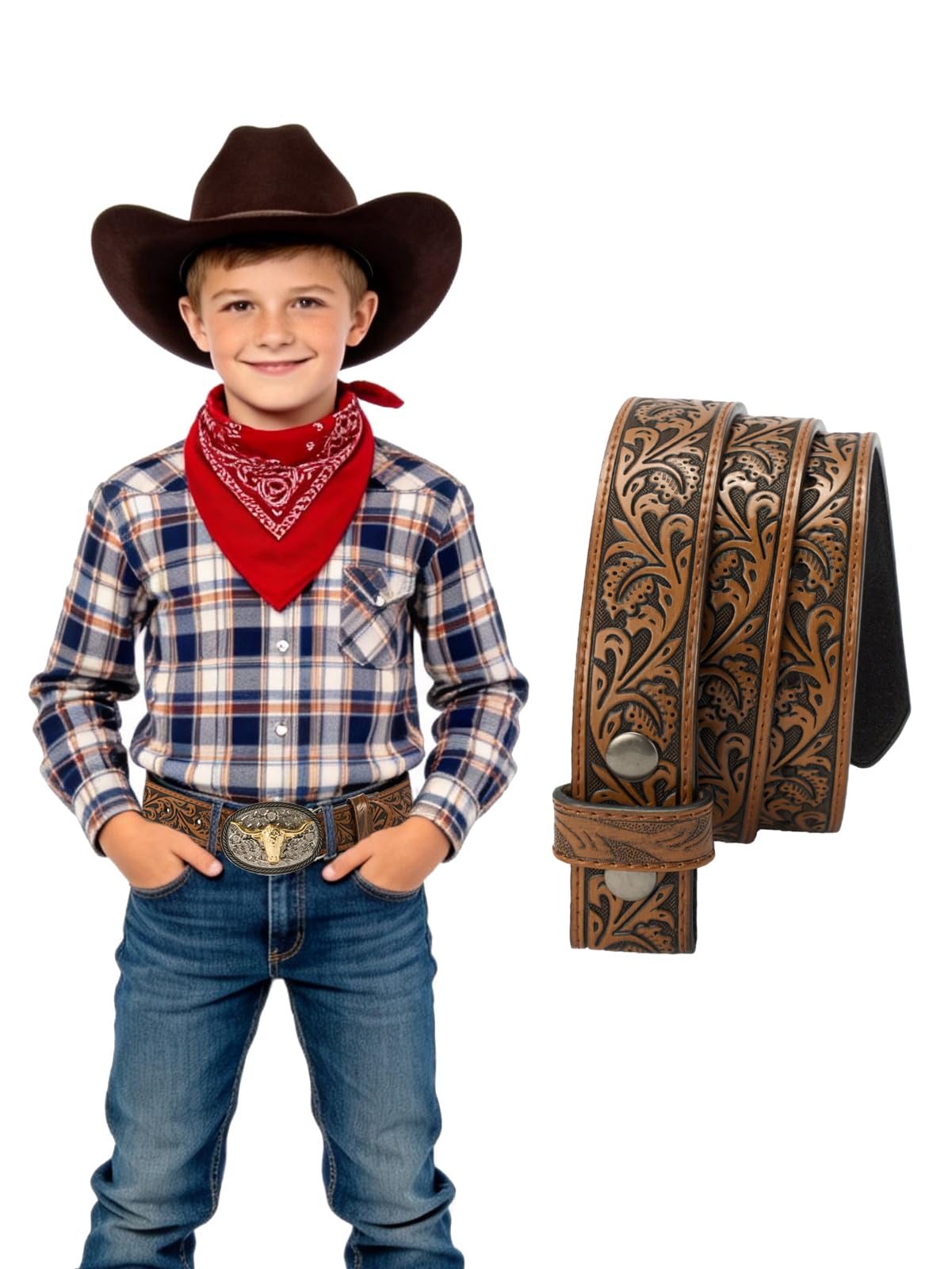 Kids Boys Western Belt Cowboy Leather Belt-Girls Adjustable Embossed Leather Belt Strap for Jeans Gift (Brown, 37.5" fit waist 31"-34.5")