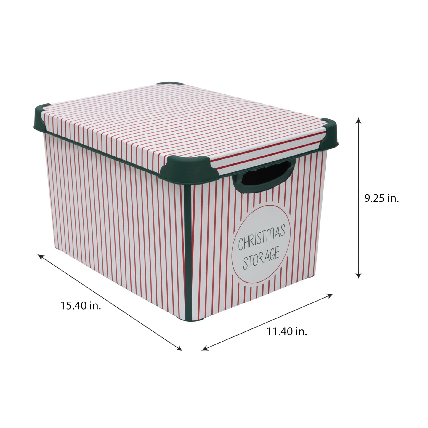 Simplify Christmas Stripe Design Holiday Tote Bin Ornament Storage | Holds 60 Ornaments | Removeable Lid | Easy Carry Handles | Christmas Storage | Green