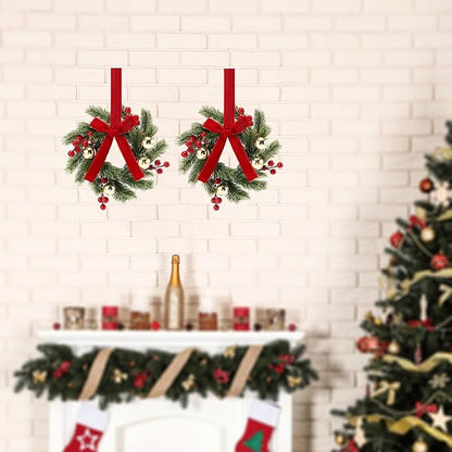 4PCS 9''Mini Wreaths for Cabinets with Ribbon Bows Red Berry Gold Ball, Small Wreath Hanging for Xmas Wall Farmhouse Window Door
