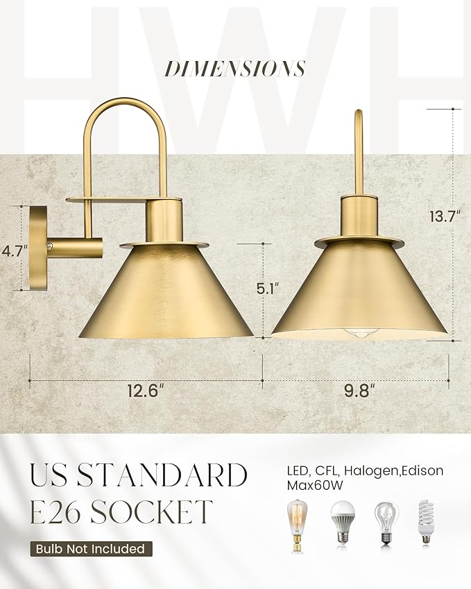 Wall Sconces for Bathroom Set of 2, HWH Wall Mount Lighting with Metal Shade, Gooseneck Gold Wall Lights for Living Room Mirror Kitchen, Gold Finish, 5HZG56BL-2 BG
