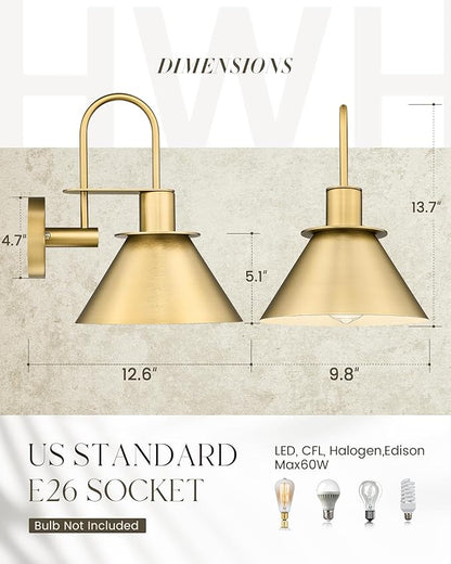 Brass Wall Sconce, HWH Gooseneck Wall Light Sconces for Bedroom Bathroom, 1-Light Indoor Wall Light Fixtures with Metal Shade, White Interior, Gold Finish, 5HZG56BL BG