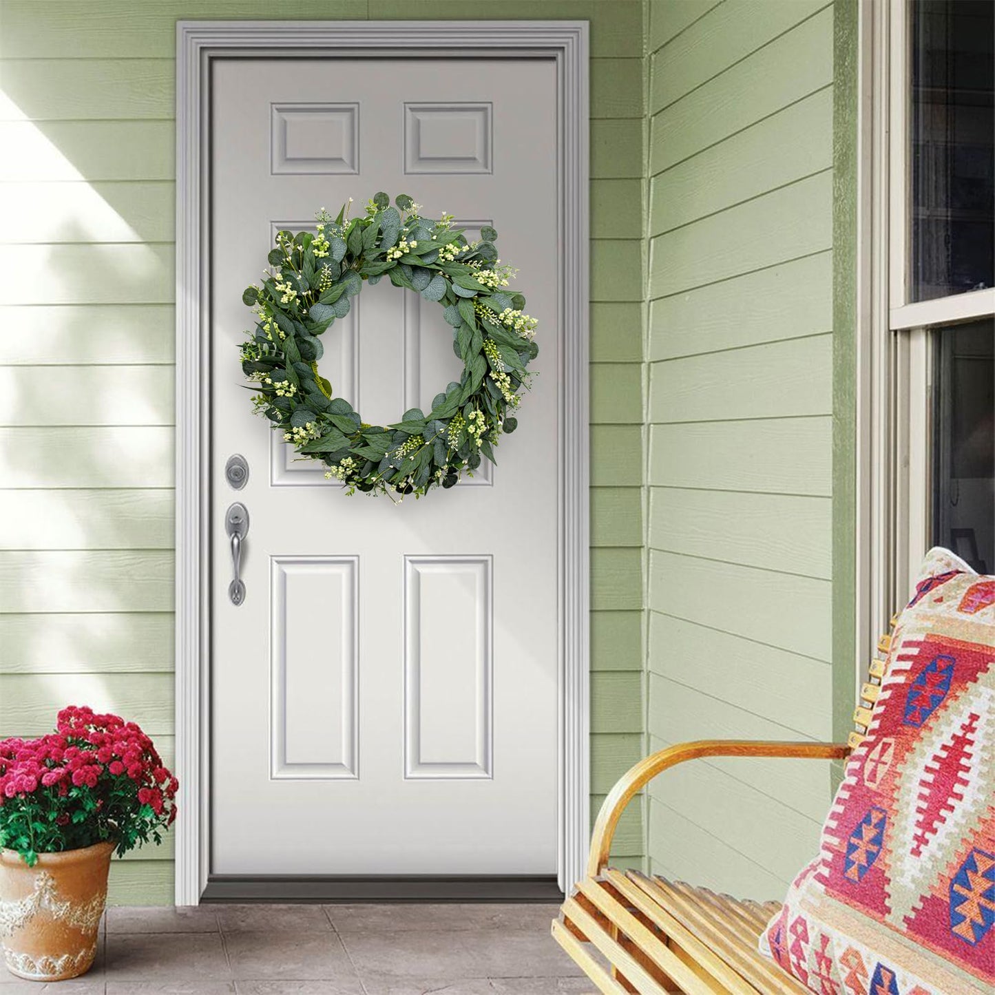 JINGHONG Green Eucalyptus Wreath 26 Inch Greenery Wreaths for Front Door Artificial Spring Summer Wreath with Green Eucalyptus Leaf for All Seasons Home Farmhouse Wall Porch Decor