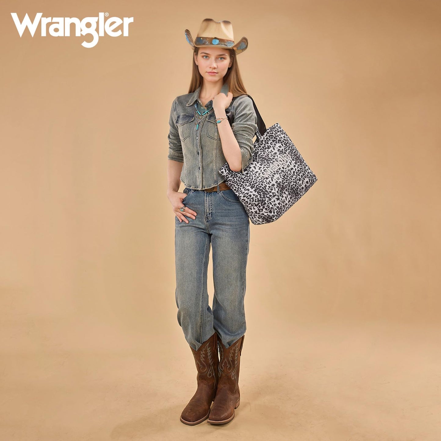 Wrangler Large Tote Bag for Women Designer Leopard Print Purse with Detachable Strap for Travel Work Gym Black WG433-8317BK