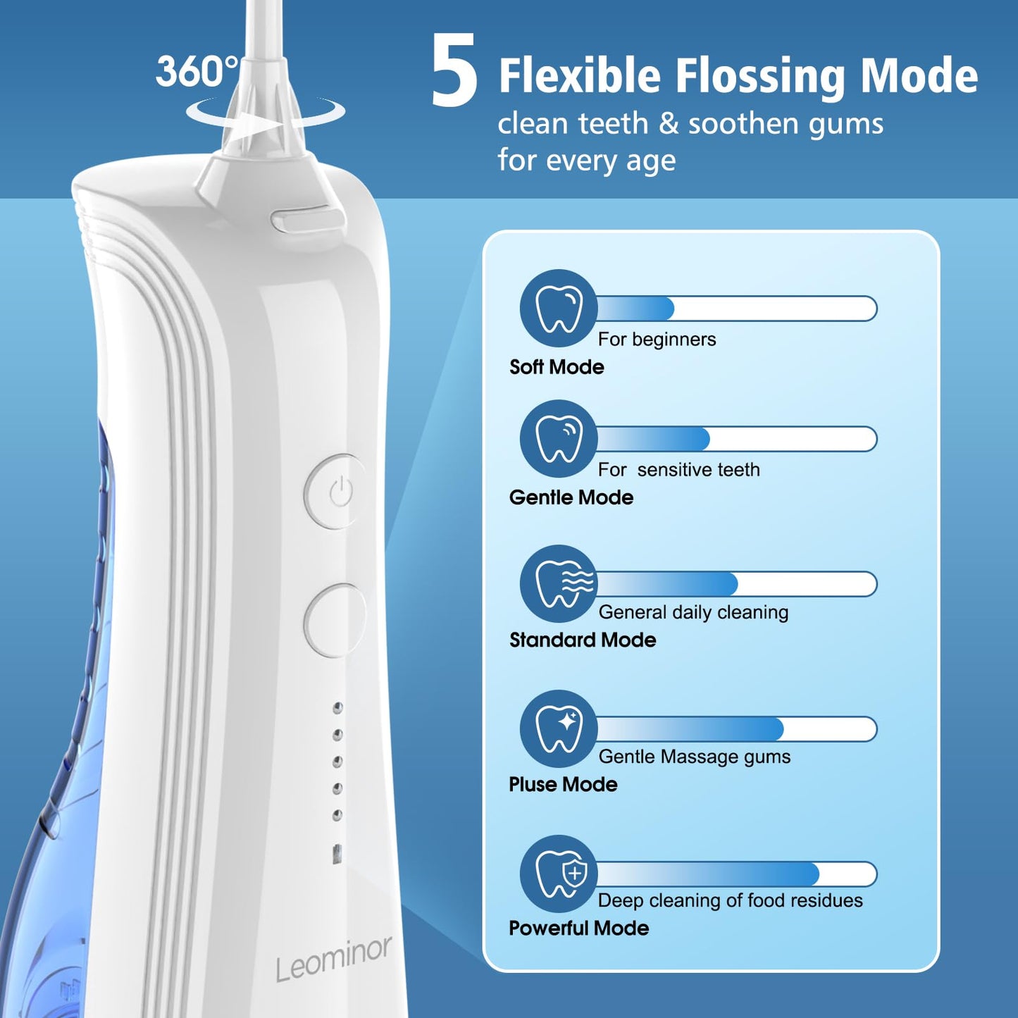 Leominor Water Dental Flosser - 5 Modes Cordless Portable Oral Irrigator, IPX7 Waterproof, Rechargeable Teeth Cleaner Upgrade Datchable Tank Professional Flossing Cleaning Pick for Home Travel (Black)
