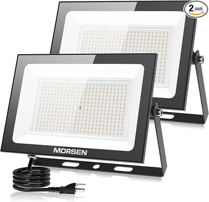 MORSEN 300W Warm White Led Flood Lights Outdoor, 3000K Super Bright 45000LM Security Lights with Plug,Exterior IP66 Waterproof FloodLight for Basketball Court, Yard, Garden, Playground 2 Pack