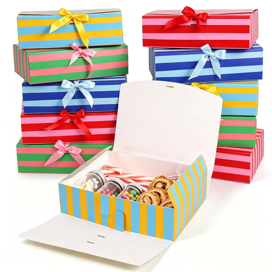 Whaline 16Pcs Stripe Treat Boxes with Lid & Ribbon Closure Colorful Summer Striped Gift Paper Box Empty for Cookies Candy Wedding Birthday Baby Shower Pool Party Favors