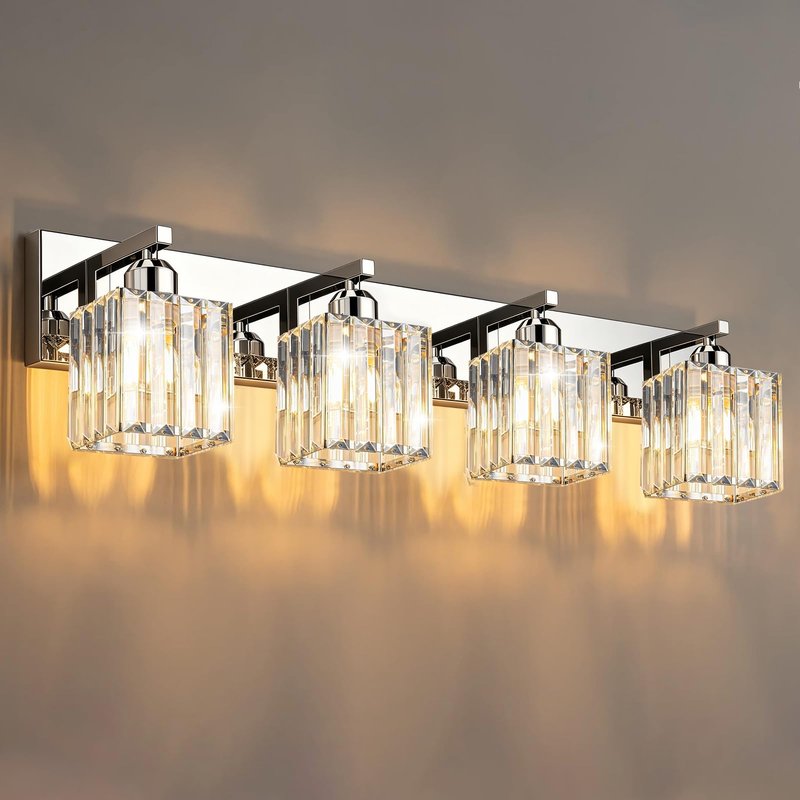 LKHF Brushed Chrome Crystal Bathroom Vanity Light, 4-Light Modern Bathroom Lighting Fixtures Over Mirror,Chrome Wall Sconce Light Fixtures with Square Shade