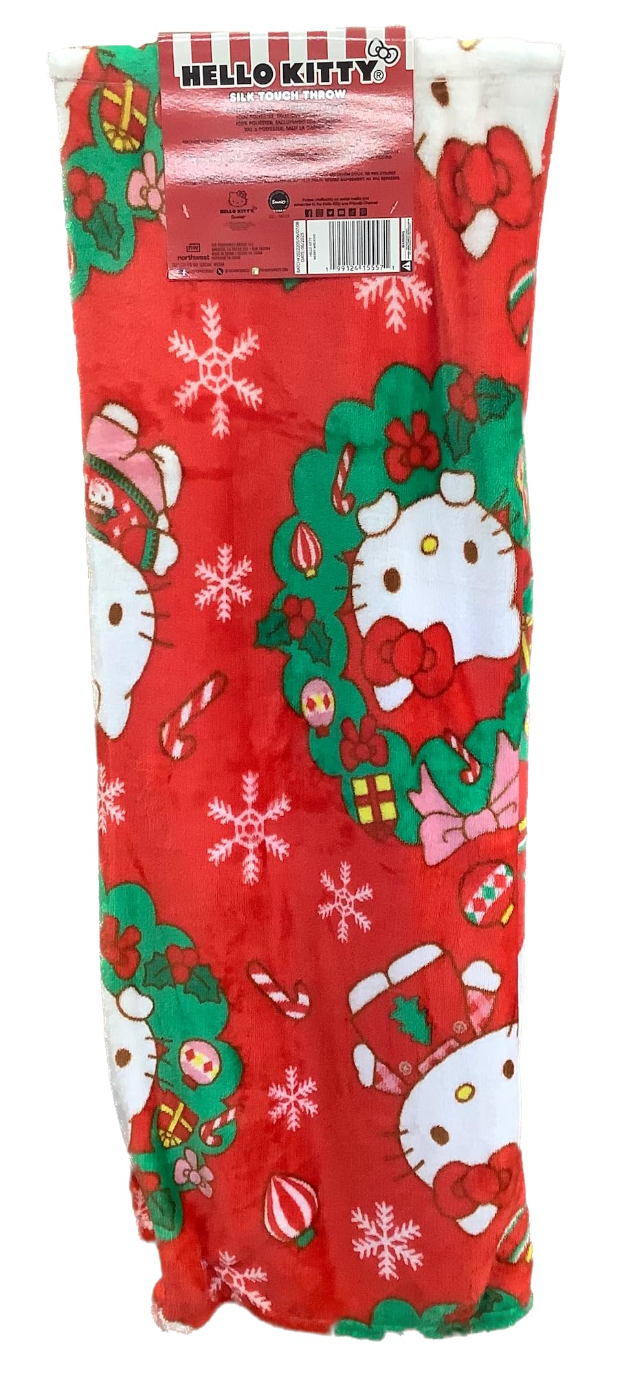 Northwest Hello Kitty Christmas Throw Blanket, Red Christmas Wreaths and Candy Canes, 50in x 70in