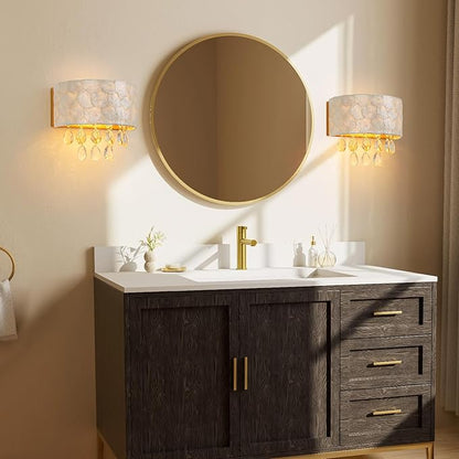 2-Lights Capiz Shell Crystal Wall Sconces, Coastal Design Indoor Wall Lamp, Vanity Wall Mount Light Fixture for Bathroom, Hallway, Bedroom, Shell Lampshade, Crystal Pendants & Gold Finish
