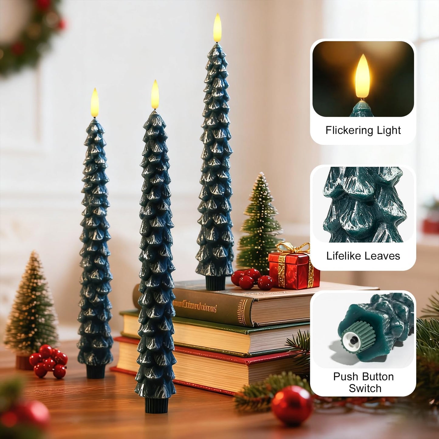 Christmas Decorations Indoor, Christmas Decor-Christmas Tree Taper Flameless Candles Battery Operated with Remote Timer, Xmas Candlestick Home Table Mantel Room Decor, 4 Pack(Green&White) Large, 11.4"