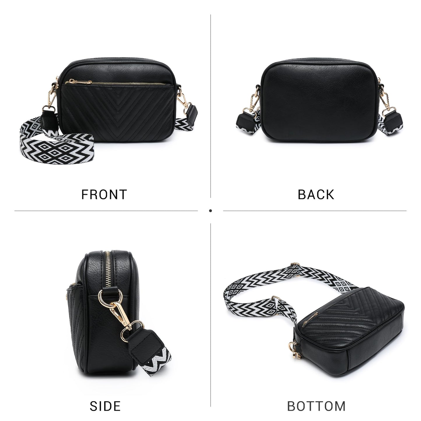 VONMAY Crossbody Purse for Women Quilted Crossbody Bags Vegan Leather Purses Small Shoulder Handbags with Wide Strap (Black)