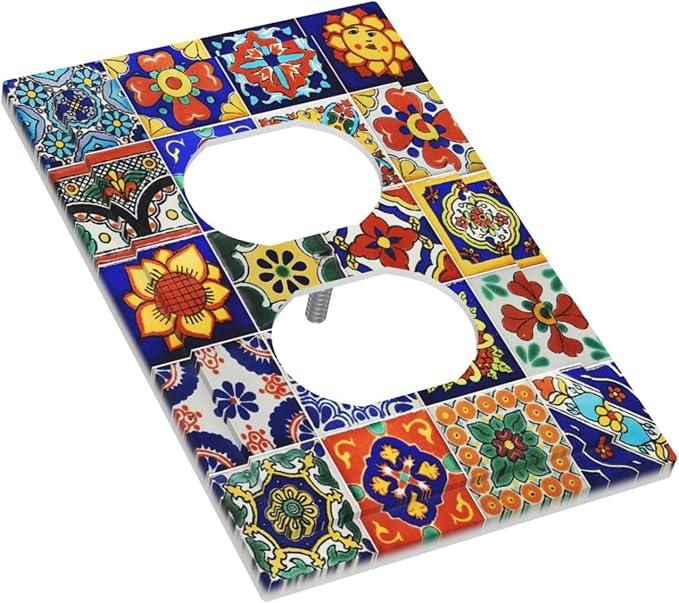 Traditional Colorful Talavera Mexican Spanish Moroccan Tiles 1 Gang Duplex Receptacle Switch Wall Plate Decorative Switchplate Outlet Covers Electrical Plug Cover Faceplate for Home Decor