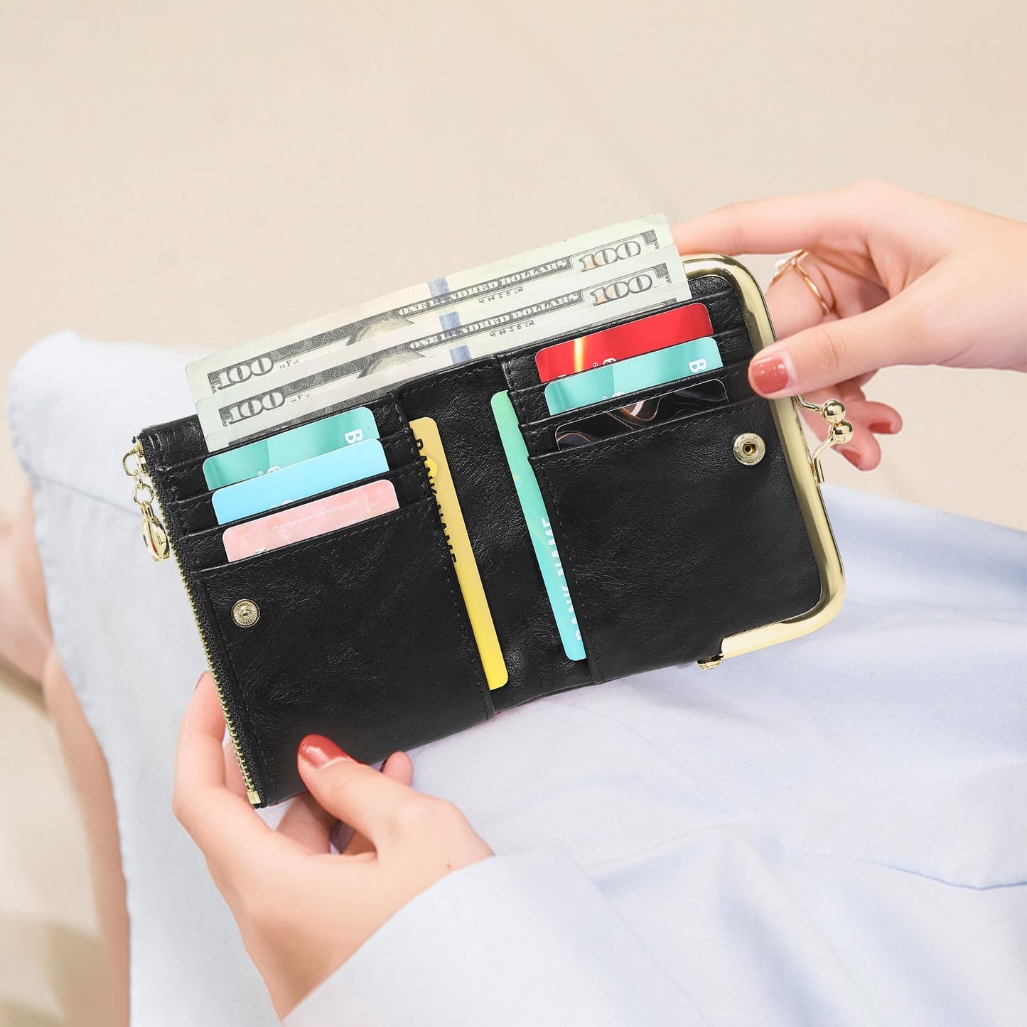RNIEGA Wallet Women Small RFID Blocking Bifold Leather Wallets for Women Vintage Coin Purse With Zipper and Kiss Lock