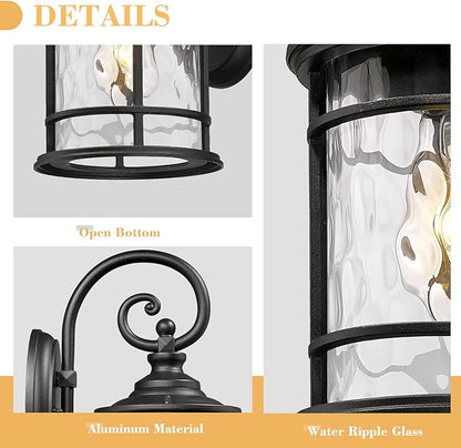 Emliviar Outdoor Wall Sconces 2 Pack, 12.4 Inch Outdoor Front Porch Lights with Water Ripple Glass in Black Finish, XE229BWG-S-2PK BK