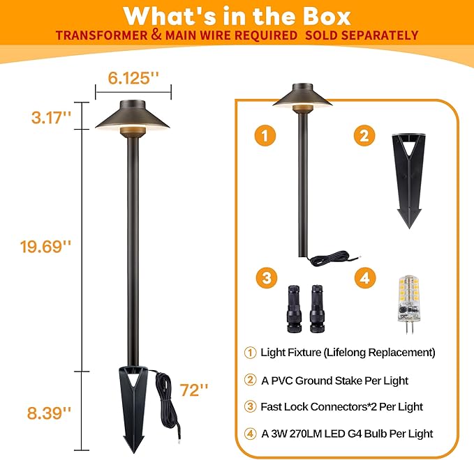 Gardenreet Brass Low Voltage Path Lights - 12V Landscaping Pathway Light IP65 Waterproof, Wired Walkway Lighting Outdoor, LED Antique Bronze for Lawn Backyard with 3W 5000K Daylight G4 Bulb (8 Pack)