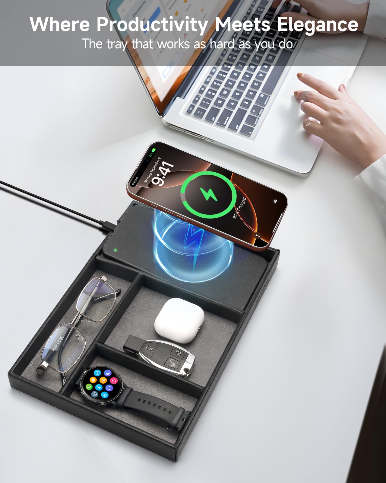 Valet Tray, Built in Wireless Charging Pad, Nightstand Organizer, Two-Toned Premium Vegan Leather Desk Bedside Caddy Organizer Tray for Keys, Watch, Wallet, Jewelry (Black+Gray)