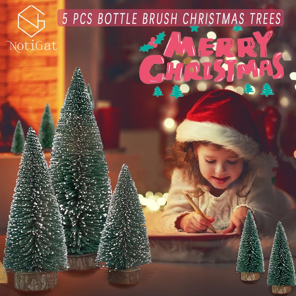 NotiGat mini Christmas Tree Bottle Brush Christmas Trees with Wooden Bases Christmas Decorations for Party Table top decer Christmas Tree （5pcs）