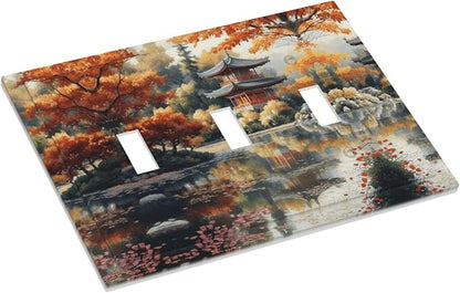 Decorative Art Light Switch Covers Lake & Pagoda in Fall 3 Gang Triple Toggle Wall Plate Decorative Switch plate Electrical Faceplate for Home Decor