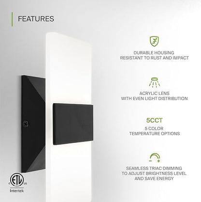 ASD 8 Inch LED Indoor Wall Sconce - Modern Interior 10W 120V 2700K-5000K Adjustable Dimmable Wall Mounted Light Fixtures, Acrylic Glass Wall Lights for Stairway, Hallway - ETL, Matte Black