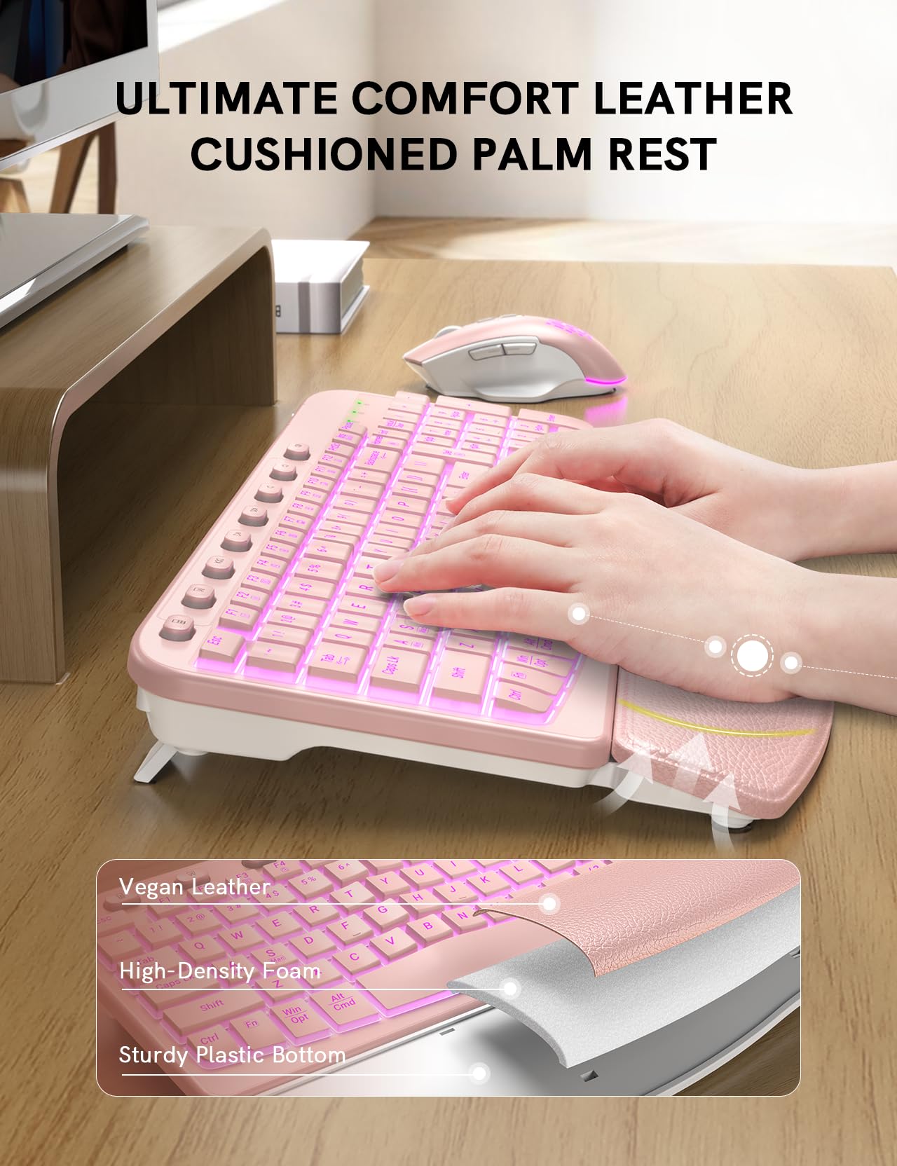 SABLUTE Wireless Keyboard and Mouse Combo Ergonomic - MA12Pro Wave Keyboard with Leather Wrist Rest for Comfortable Typing, RGB Backlit Rechargeable for Windows, Mac, PC, Laptop (Pink)