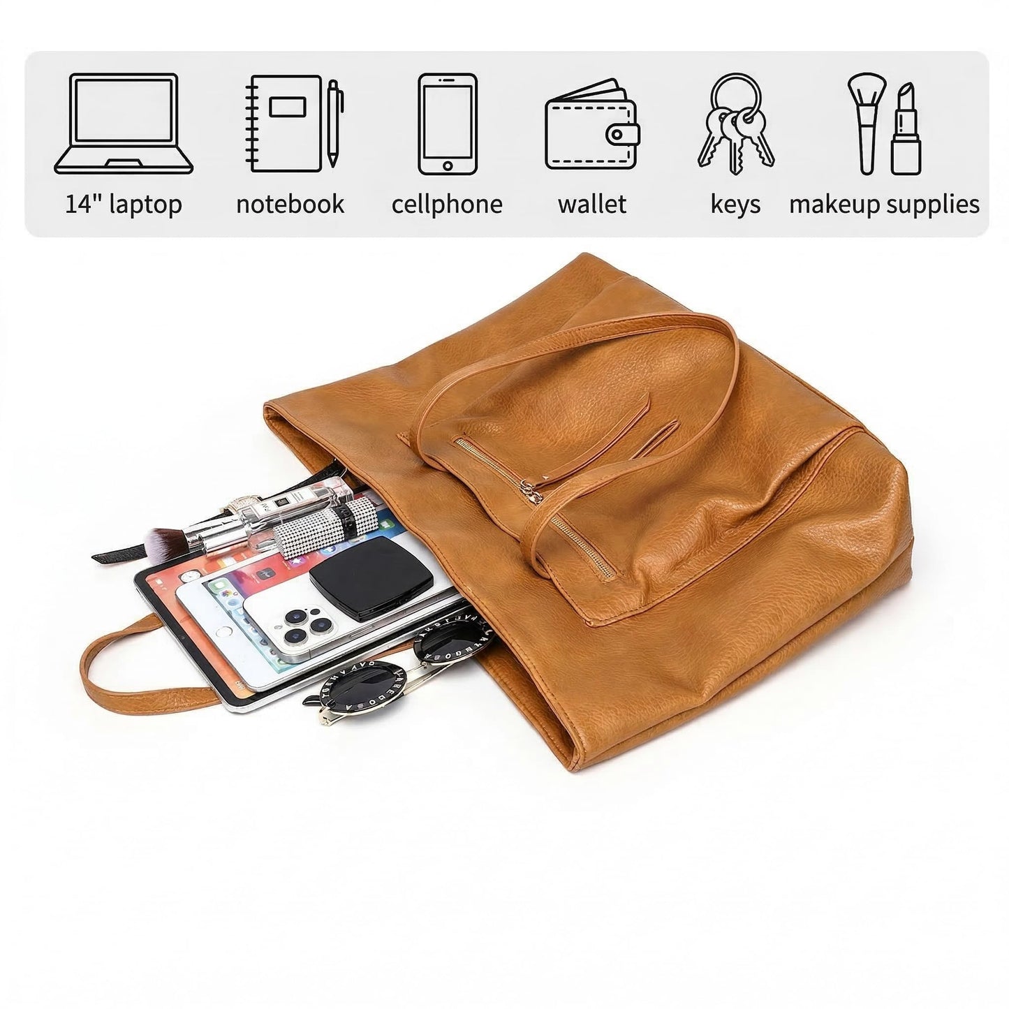 SharPlus Large Vegan Leather Tote Bag for Women with Zipper Shoulder Purse and Handbags for Travel & Work (camel)