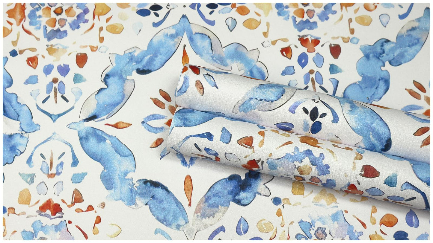 HAOKHOME Geometric Peel and Stick Wallpaper Tile Blue/White/Red Floral Damask Removable Wall Paper Modern Home Decor for Kitchen Backsplash 17.3in x 118in