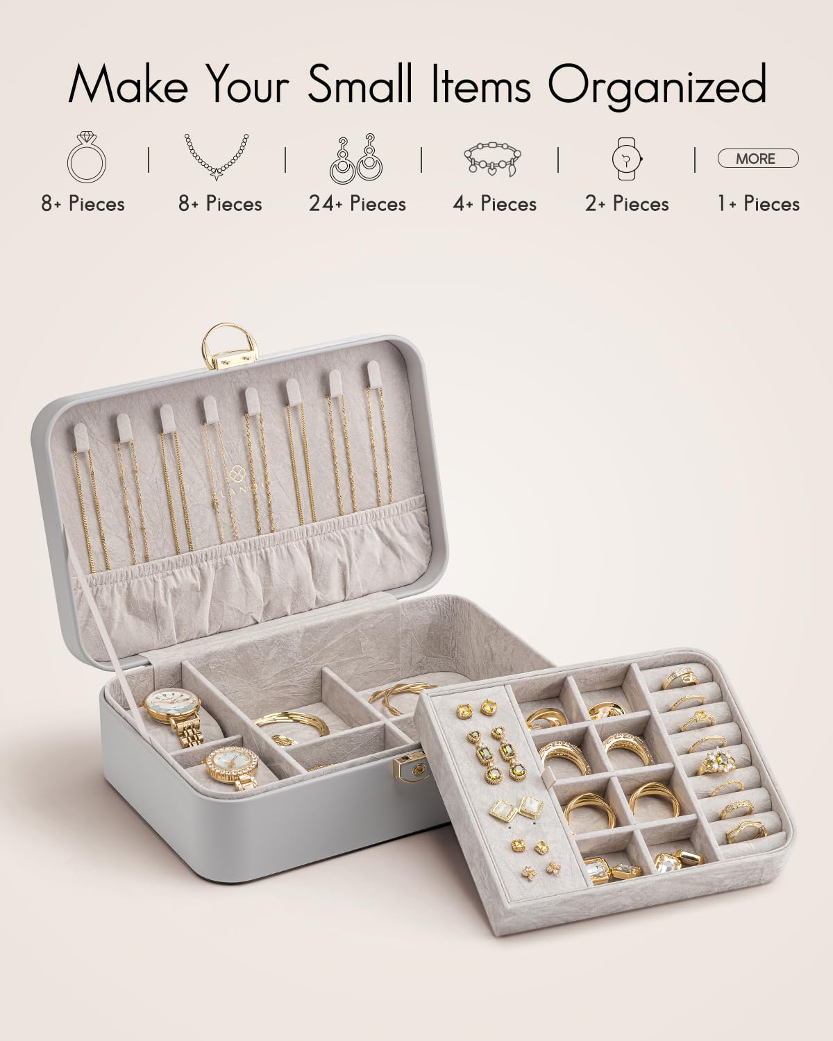 VLANDO 2 Layer Jewelry Box,Jewelry Organizer Storage Lockable Earring Organizer Removable Jewelry Tray with Watch Pillow for Neckable Ring Bracelets-Grey