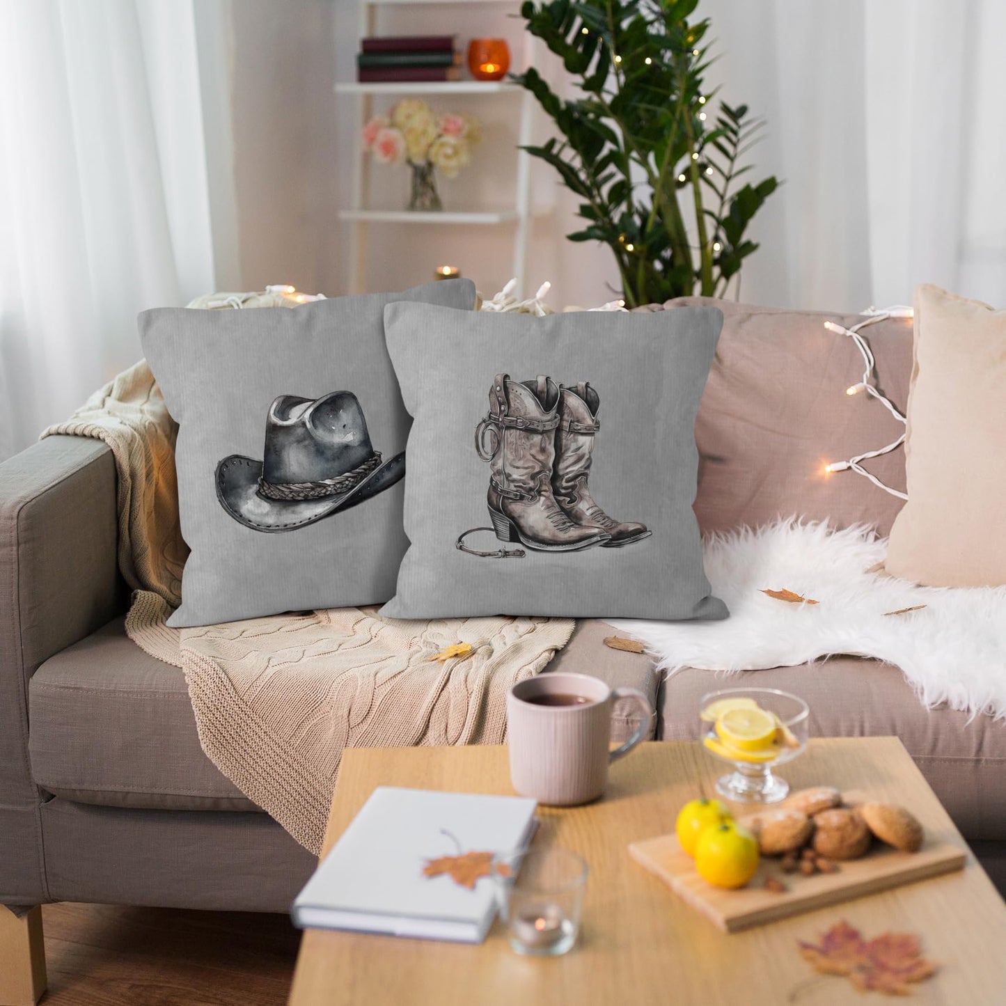 VRW Western Cowboy Hat Boots Throw Pillow Covers Set of 2, Classroom Pillow Covers, Rustic Grey Pillow Covers for Farmhouse Decor, Pillowcase for Western Home Decor Rustic, Western Gifts, 18x18