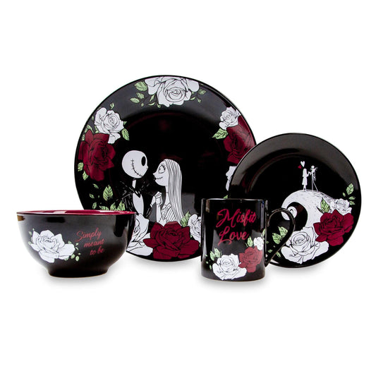 Disney The Nightmare Before Christmas Jack and Sally Roses 16-Piece Ceramic Dinnerware Set | Includes Salad Plates, Bowls, Mugs