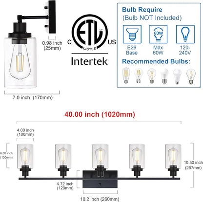 MELUCEE 40 Inches Length 5-Light Bathroom Vanity Light Fixtures Black Industrial Wall Sconce Lighting with Clear Glass Shade for Living Room Bedroom Hallway Kitchen (Patent No.: US D963914 S)