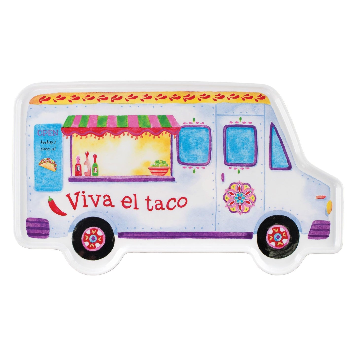 UP Taco Truck Shaped Melamine Serving Platter, Cinco de Mayo Party Tray, Fun Food Truck Design, for Tacos, Nachos, Appetizers, and Snacks, Multicolor, 17 x 10 Inch