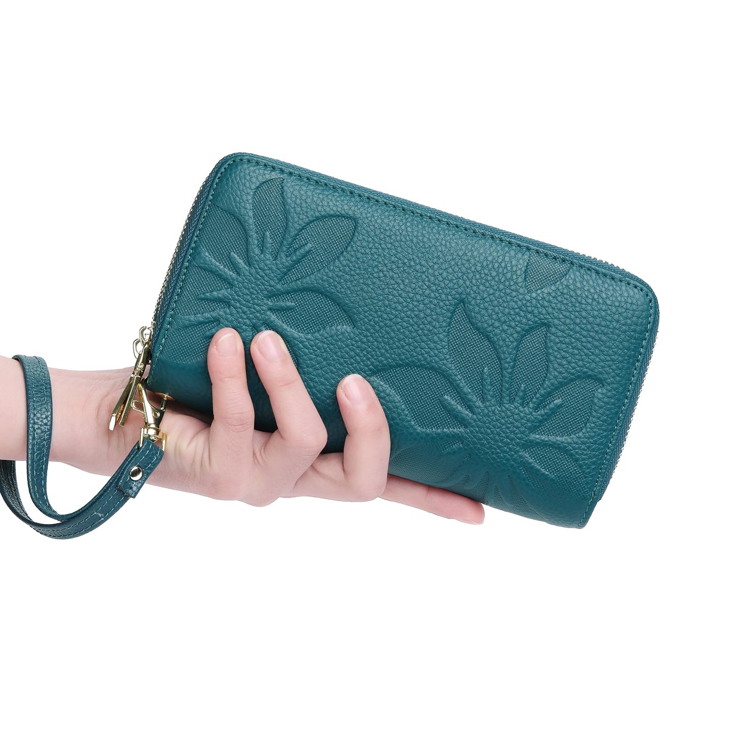 GOIACII Women's Wallet Large Capacity Double Zip Around Credit Card Holder Leather Ladies Wallet with RFID Blocking Phone Wristlet Purse Teal