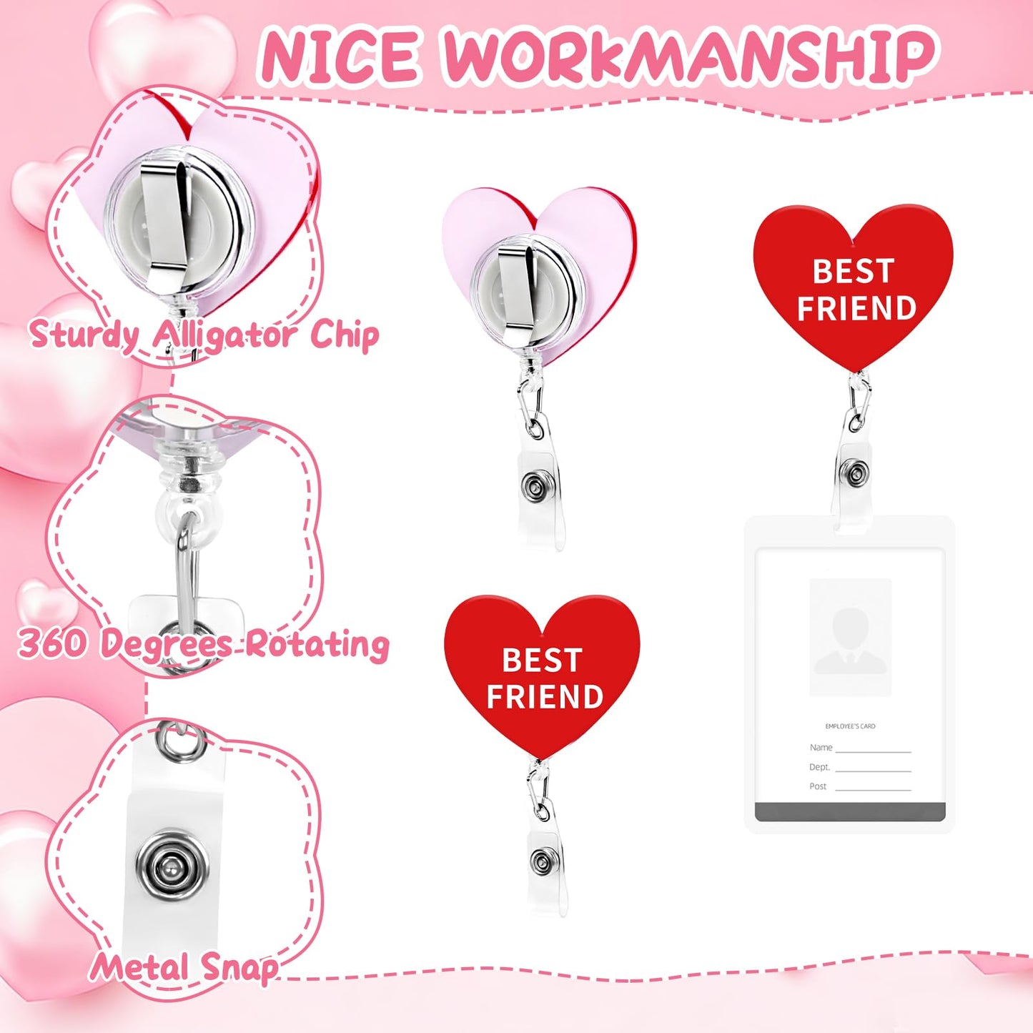 Jansun 12PCS Valentine's Day Acrylic Badge Reel with Heart Design, Retractable ID Card Holder Badge Reel Set for Nurses, Office Staff, and Festive Gifting