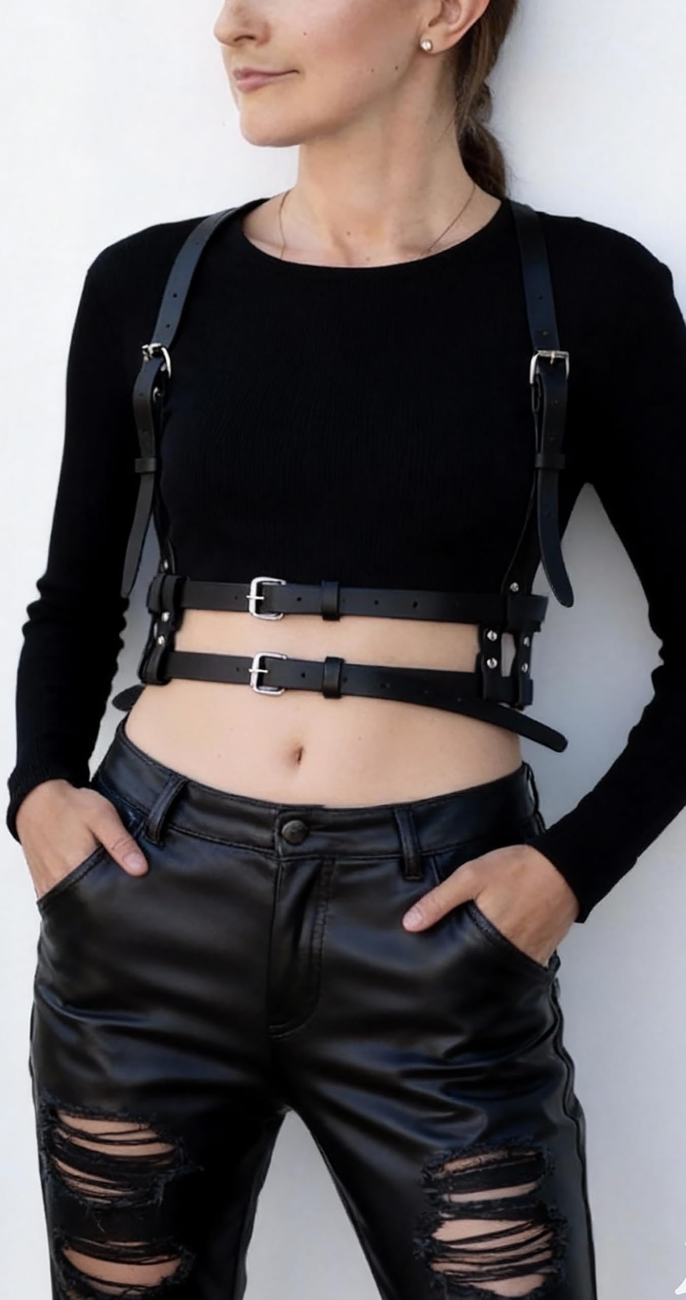 Women Adjustable Faux Leather Harness Belt Punk Fashion Waist Belt with Alloy Buckles Layered Outfit for Dresses Shirts Blazers Street(Waist 39.4-48in)
