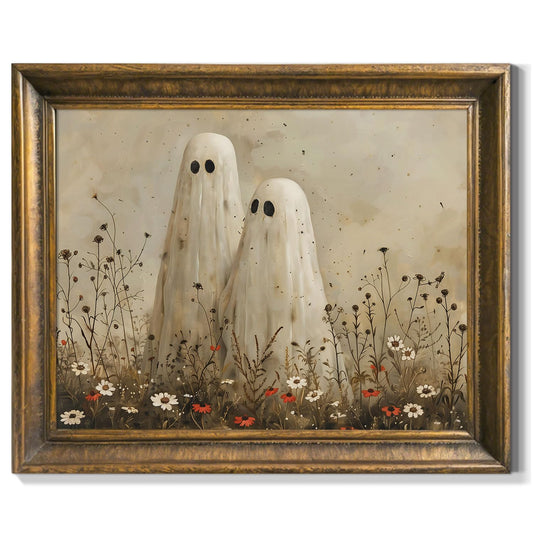 Vintage Halloween Wall Art Canvas Prints Funny Wall Decor Cute Ghosts at Wildflower Meadow Pictures Halloween Decorations Spooky Posters Gothic Painting for Bathroom Bedroom Home Decor Unframed 8"x10"