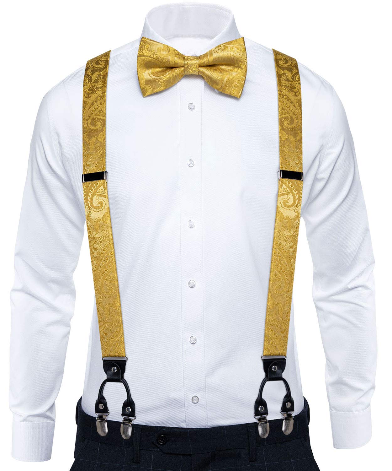 DiBanGu Gold Paisley Suspenders for Men Y-Shape Adjustable Suspenders Bowtie Pocket Square Cufflinks Clip Brace