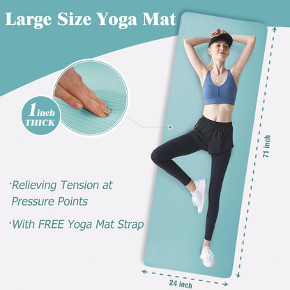 Fitvids Yoga Mat 1-Inch Extra Thick High-Density Exercise Mat with Non-Slip Surface & Carry Strap for Men & Women Tear-Resistant Pilates Workout Mat for Home Gym, Floor Fitness