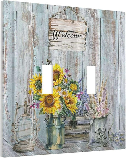 Sunflower Vintage Barn Wooden 2 Gang Light Switch Plate Cover Sun floral Double Toggle Wall Plate Decorative Switchplate Electrical Faceplate Farmhouse Home Livingroom Decor