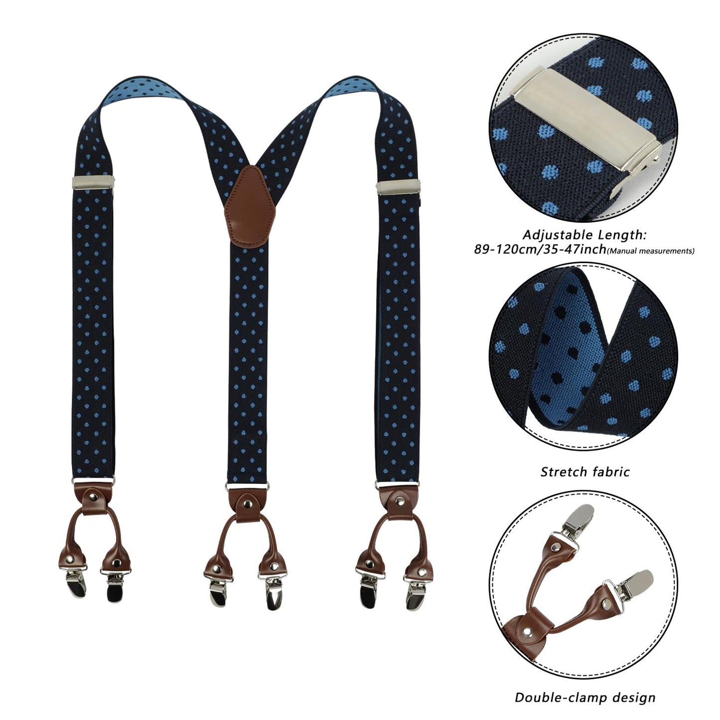 LEHOMU Suspenders for Men with leather 6 Heavy-Duty Clips, 1.4 Inches Wide Men's Suspenders Y-Back Adjustable Elastic Fit for Work or Casual Wear，Tibetan Blue Dots
