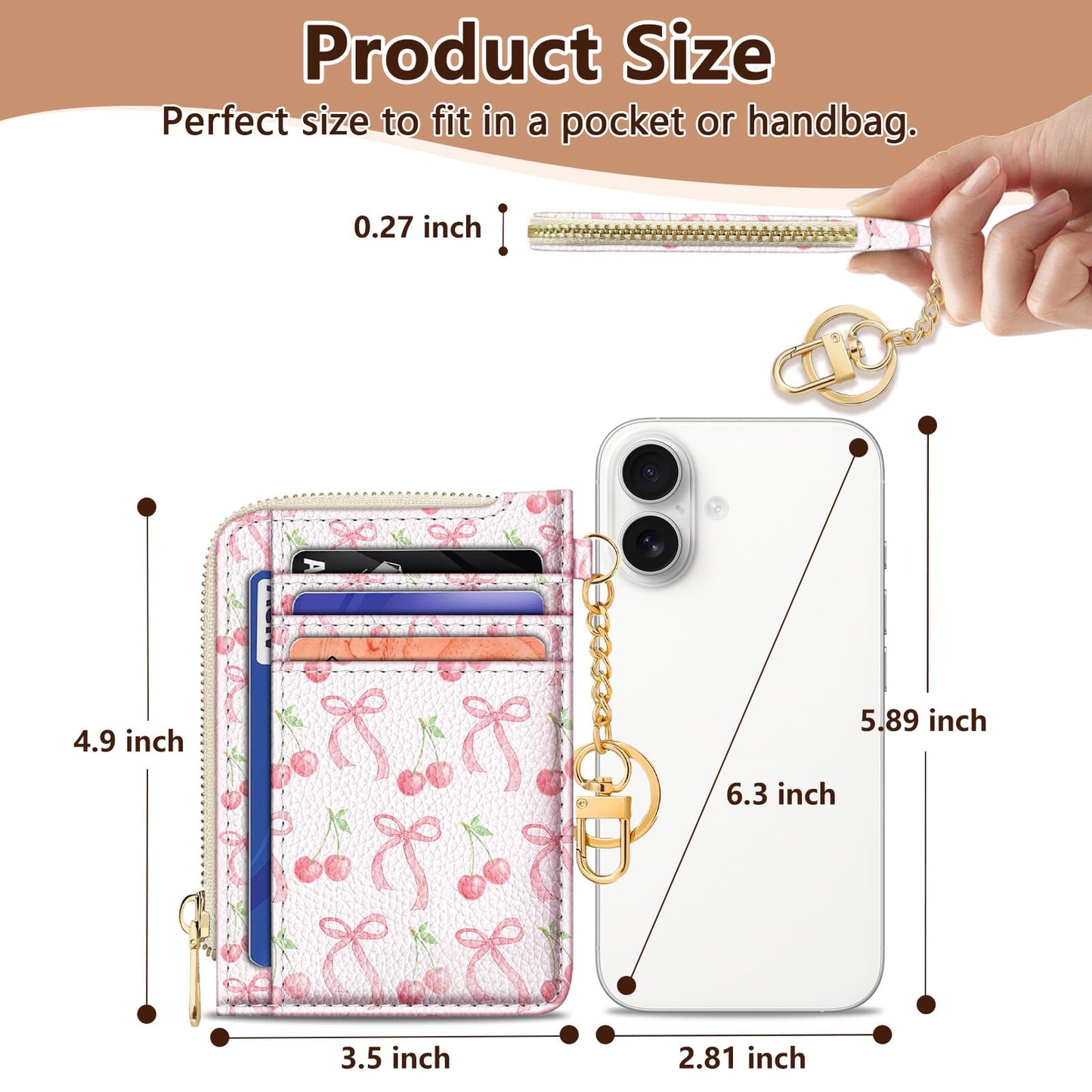 GIANCOMICS Slim Wallet Credit Card Holder Women, Cute Bow Rfid Small Card Case, Keychain Thin Pocket Curved Zipper Wallet, Travel Card Holder PU Leather ID Window, Girly Ladies Female Gifts