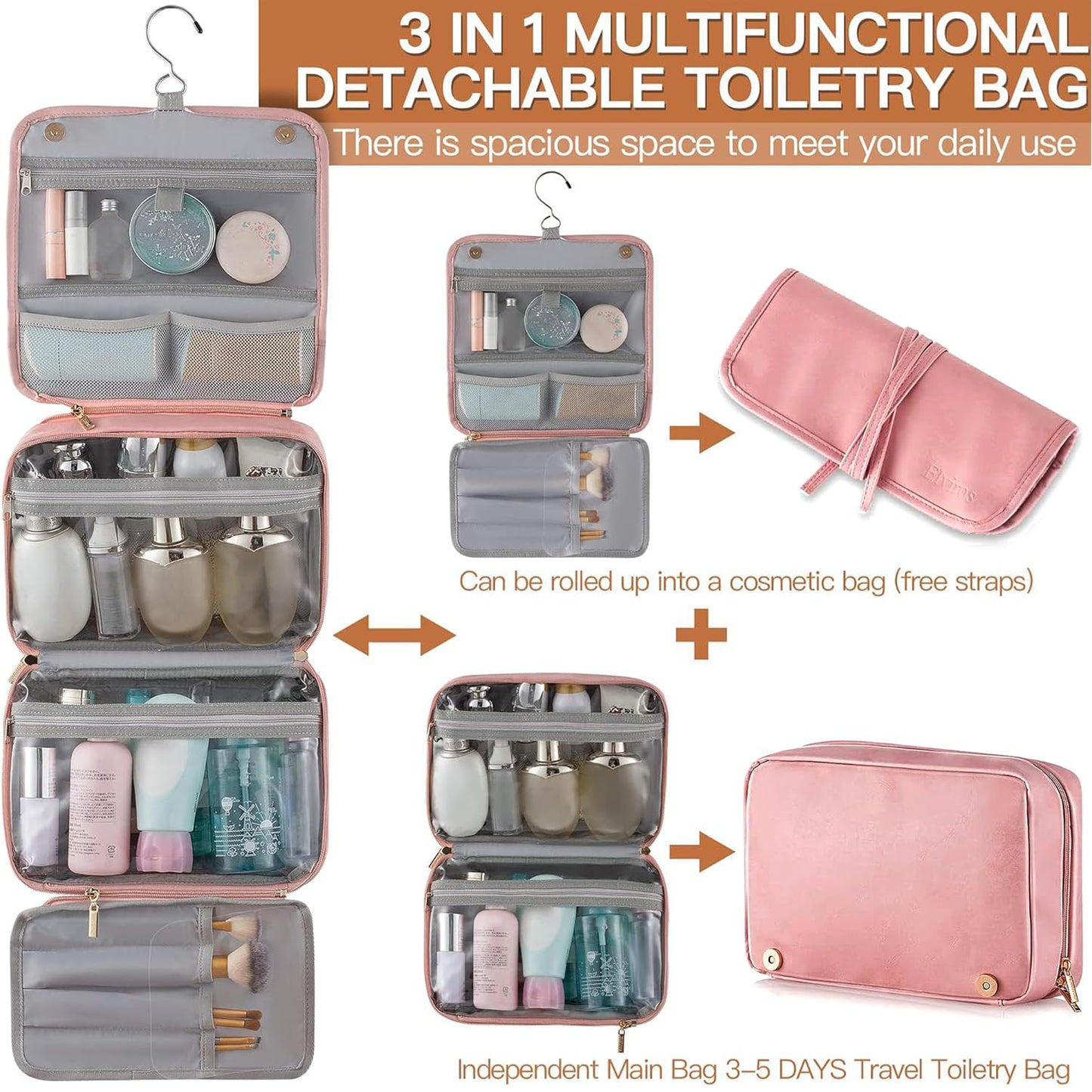 Elviros Hanging Travel Toiletry Bag for Women, 3-in-1 Large Makeup Bag and Cosmetic Organizer, Vegan Leather Waterproof Skincare Case for Travel Size Toiletries and Accessories, Gift for Women