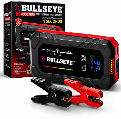 Bullseye Safety XL 1000A Car Battery Jump Starter Box with Jumper Cables, 12V Car Jump Starter Portable Booster for 6.0L Gas and 3.0L Diesel Engines, 1800 mAh Rechargeable, Reverse Polarity Protection