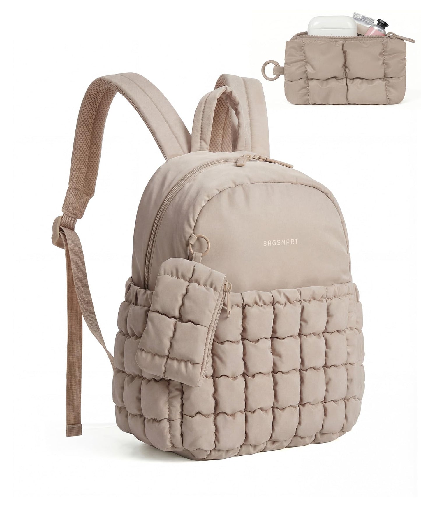 BAGSMART Mini Backpacks for Women, Puffy Checkered Quilted Small Backpack with Pouch, Lightweight Daypack Purse, Water-Resistant Bookbag for Daily Travel College, 2-in-1 Set, Brown