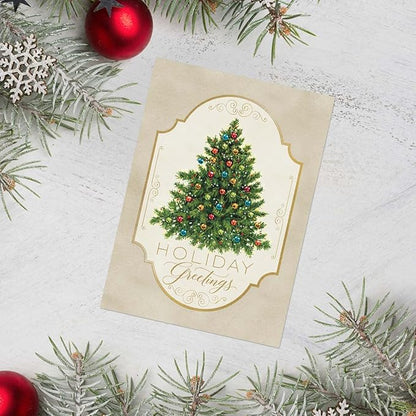 Masterpiece Nostalgic Christmas Tree Cards / 16 Boxed Holiday Card Set With Coordinating Red Envelopes / 5 5/8" x 7 7/8" Folded Greeting Cards With Inside Verse
