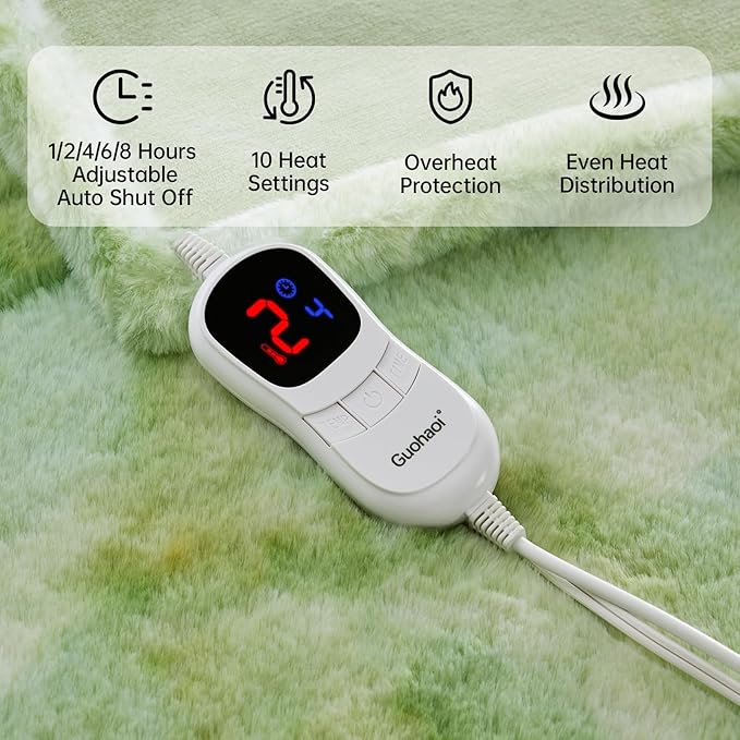 Guohaoi Heated Blanket Electric Throw, Soft Faux Rabbit Fur Electric Blanket with 10 Heating Levels 5 Sitting Timer Auto Off, Cozy Warm Heating Blankets, Machine Washable(50"×60" Light Green)