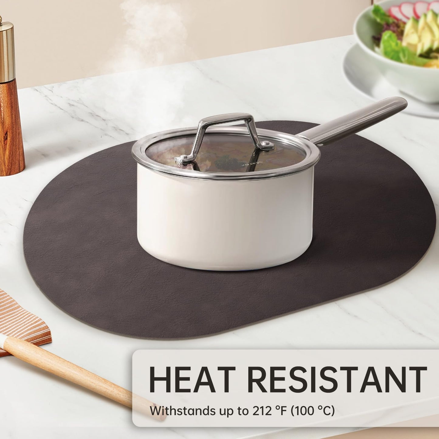 Oval Placemats Set of 6, Faux Leather Place Mats for Dining Table Dual Sided Placemats Heat Resistant Washable Wipeable Table Mats for Indoor Outdoor, Dark Brown/Black