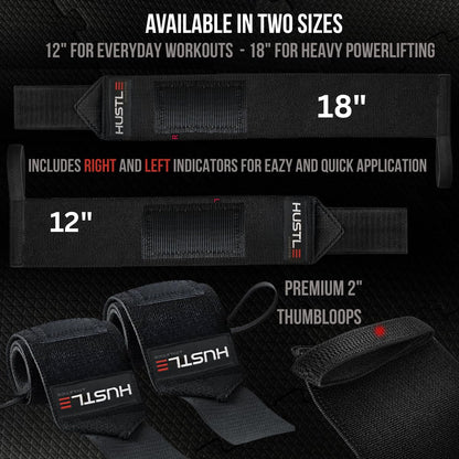 Hustle Athletics Wrist Wraps for Weightlifting, USPA-Approved 12" Wrist Support Straps for Bench Press, Squats & Overhead Press, Heavy-Duty Gym Wraps for Men and Women